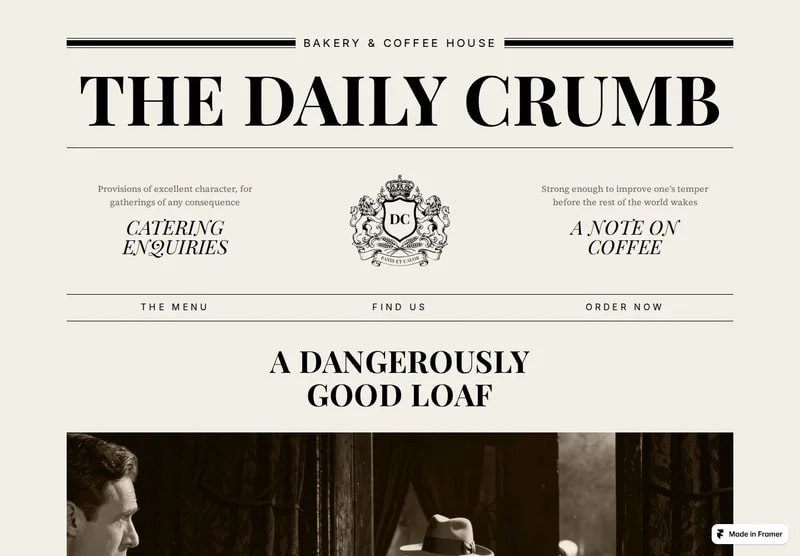 Design overview: Coffee 02 (The Daily Crumb). A newspaper-inspired bakery and coffee house with editorial charm.