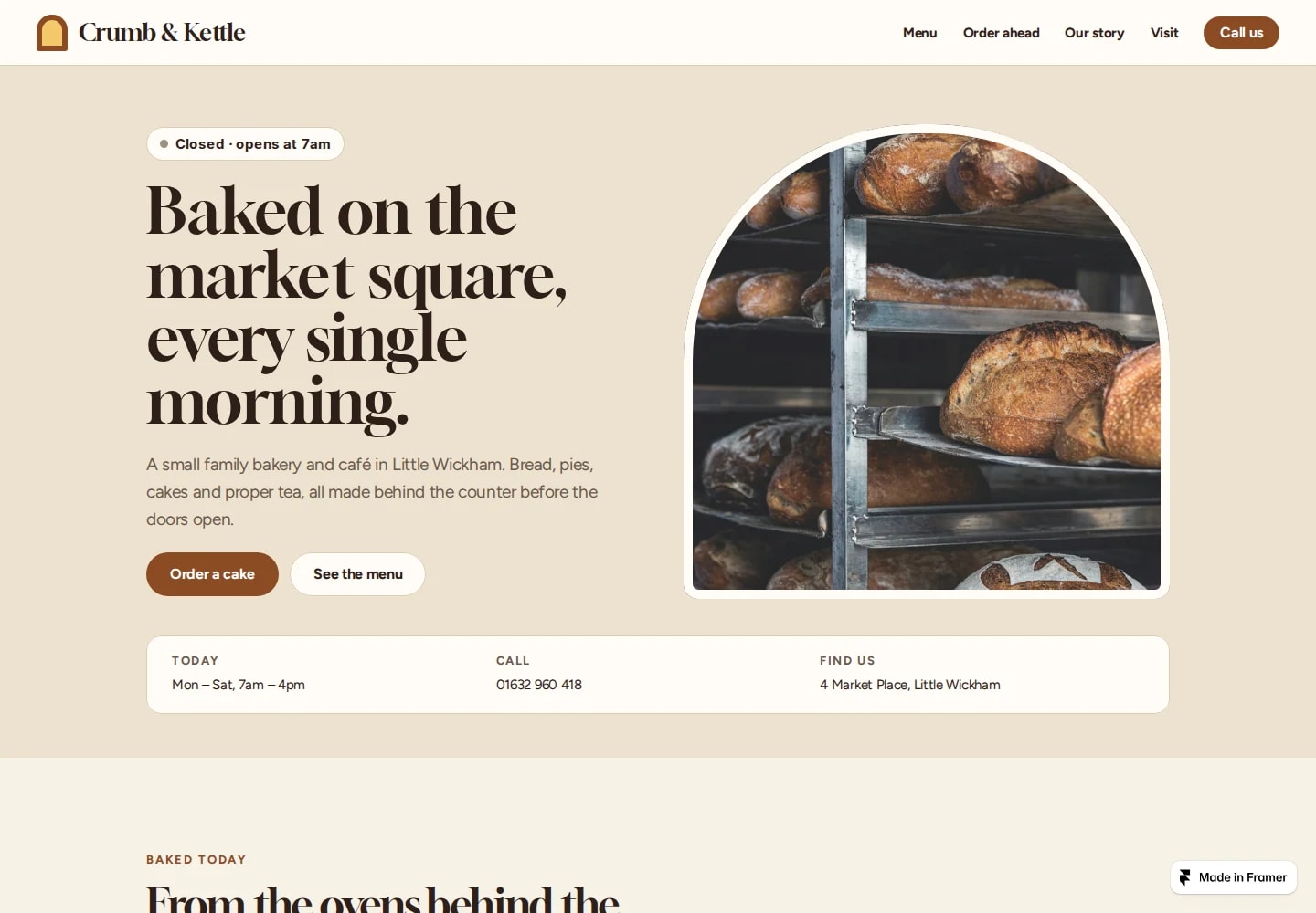 Desktop view: Coffee 03 (Crumb & Kettle). A welcoming bakery café with warm cream tones and an arched hero.