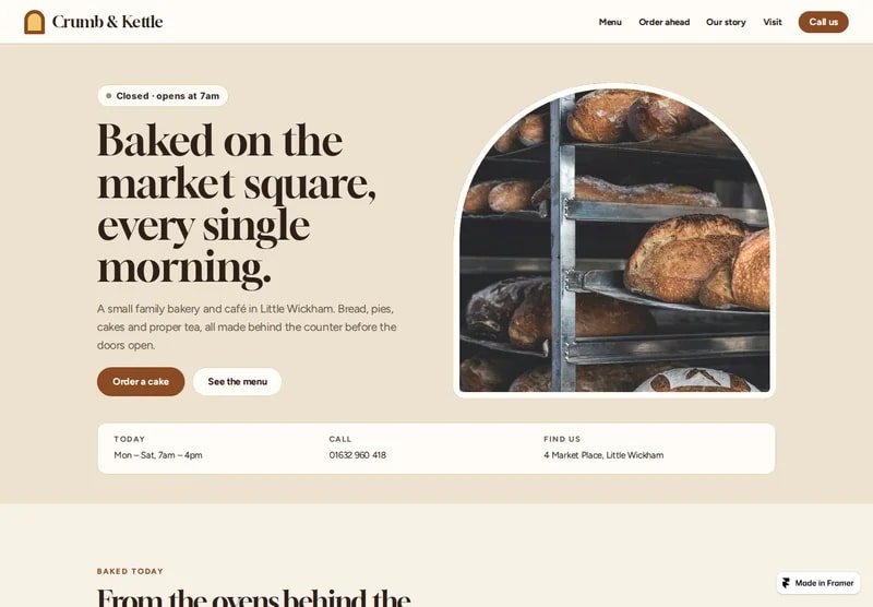 Design overview: Coffee 03 (Crumb & Kettle). A welcoming bakery café with warm cream tones and an arched hero.