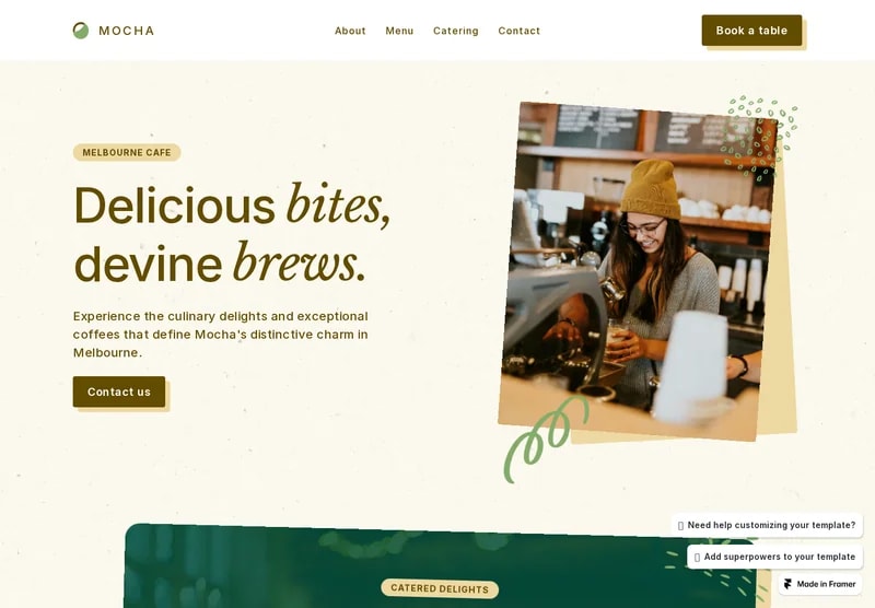 Design overview: Coffee 04 (Mocha). A playful café identity with olive accents and scrapbook details.