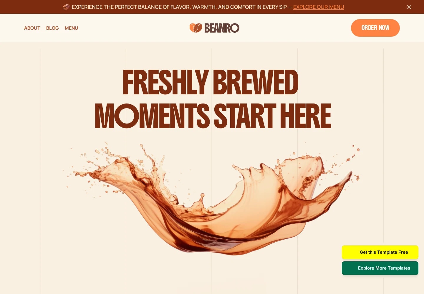 Desktop view: Coffee 05 (Beanro). Bold condensed type and energetic coffee imagery in warm orange tones.