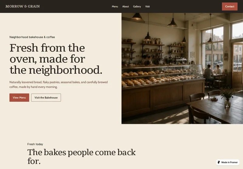 Design overview: Coffee 08 (Morrow & Grain). A warm neighborhood bakehouse with a balanced photographic layout.