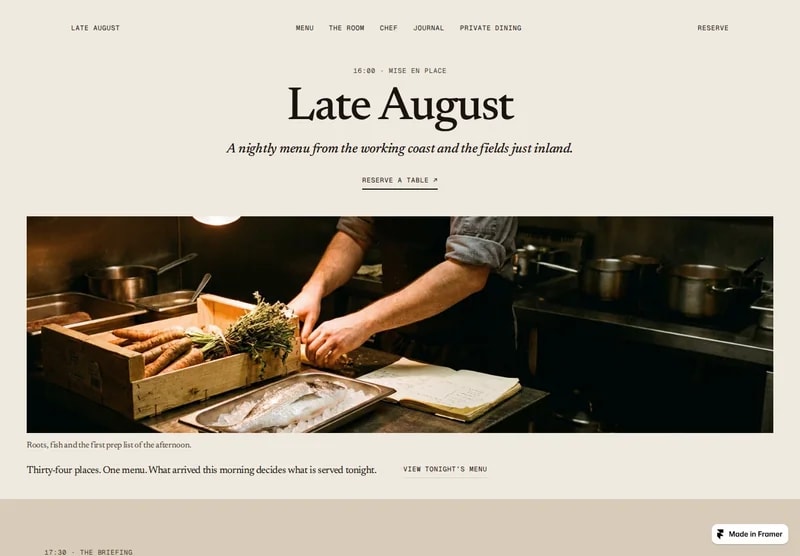 Design overview: Restaurant 02 (Late August). Quiet editorial dining, with warm neutrals and a kitchen-led story.