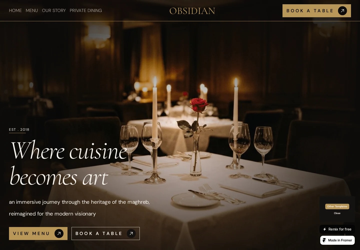 Desktop view: Restaurant 03 (Obsidian). Dark, cinematic fine dining with gold accents and expressive type.