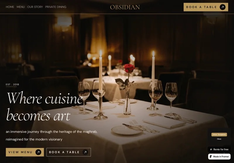 Design overview: Restaurant 03 (Obsidian). Dark, cinematic fine dining with gold accents and expressive type.