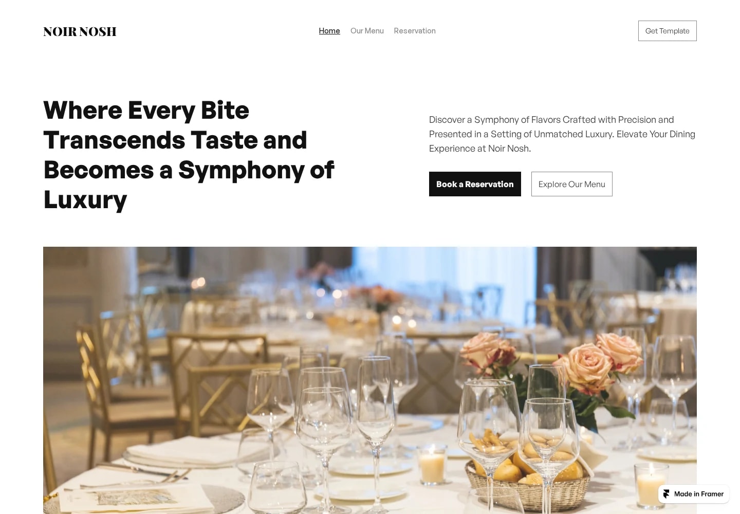 Desktop view: Restaurant 05 (Noir Nosh). A clean monochrome restaurant showcase with generous photography.