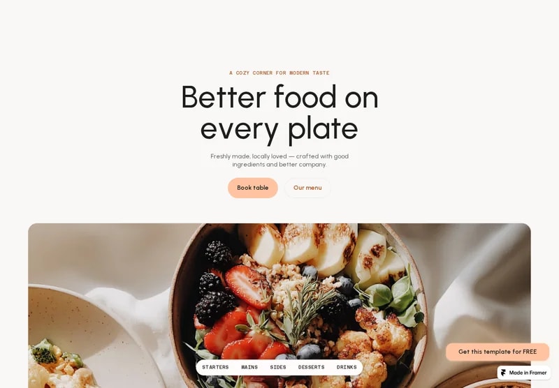 Design overview: Restaurant 06 (Plate). Soft peach accents and a menu-first layout for modern dining.
