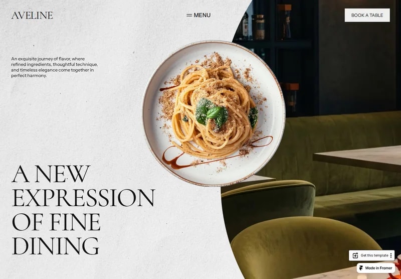 Design overview: Restaurant 08 (Aveline). An artful dining composition with dramatic type and curved imagery.