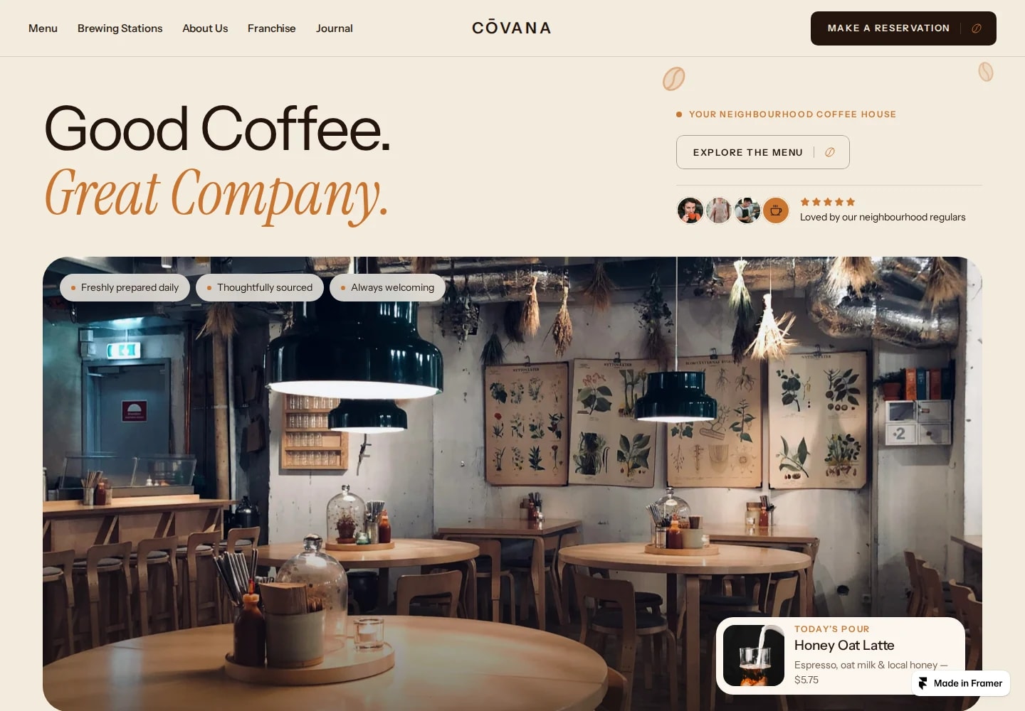 Desktop view: Coffee 01 (CŌVANA). A warm, welcoming home for good coffee and everyday rituals.