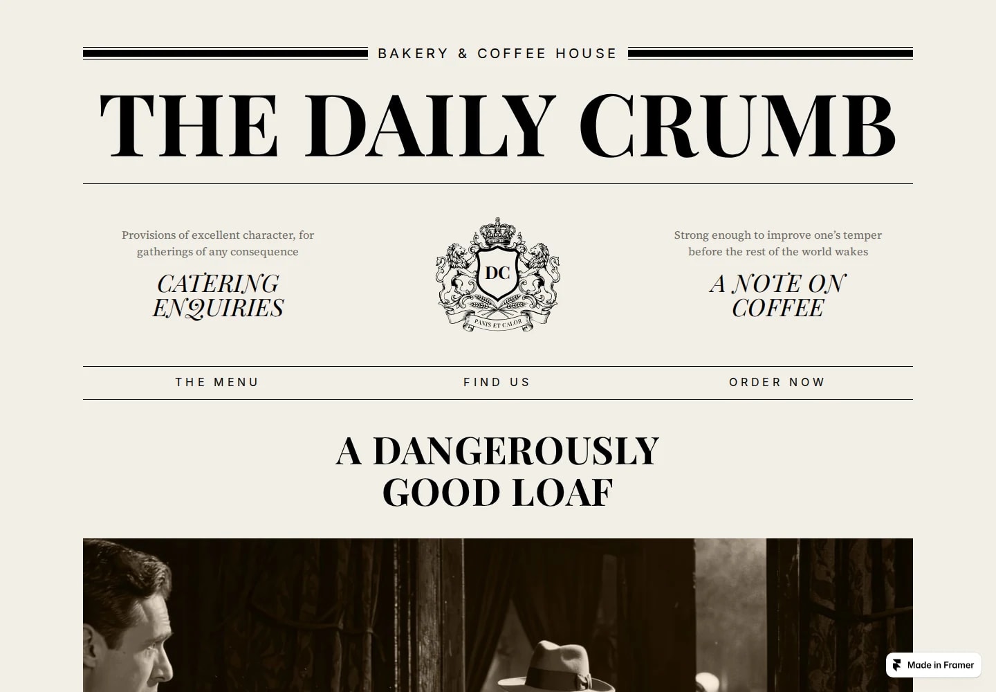 Desktop view: Coffee 02 (The Daily Crumb). A newspaper-inspired bakery and coffee house with editorial charm.