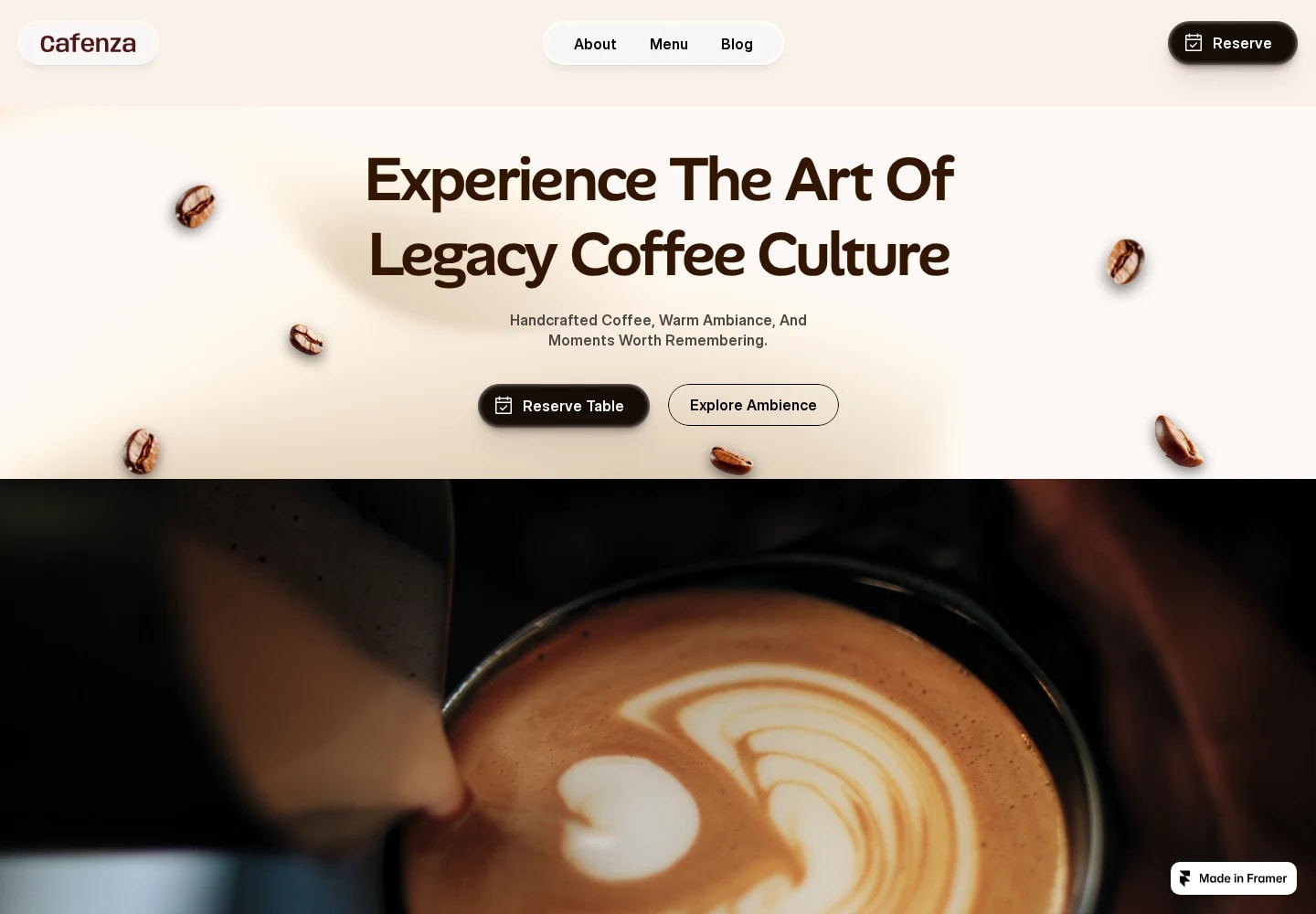 Desktop view: Coffee 06 (Cafenza). Soft cream surfaces, floating coffee details and an inviting café story.