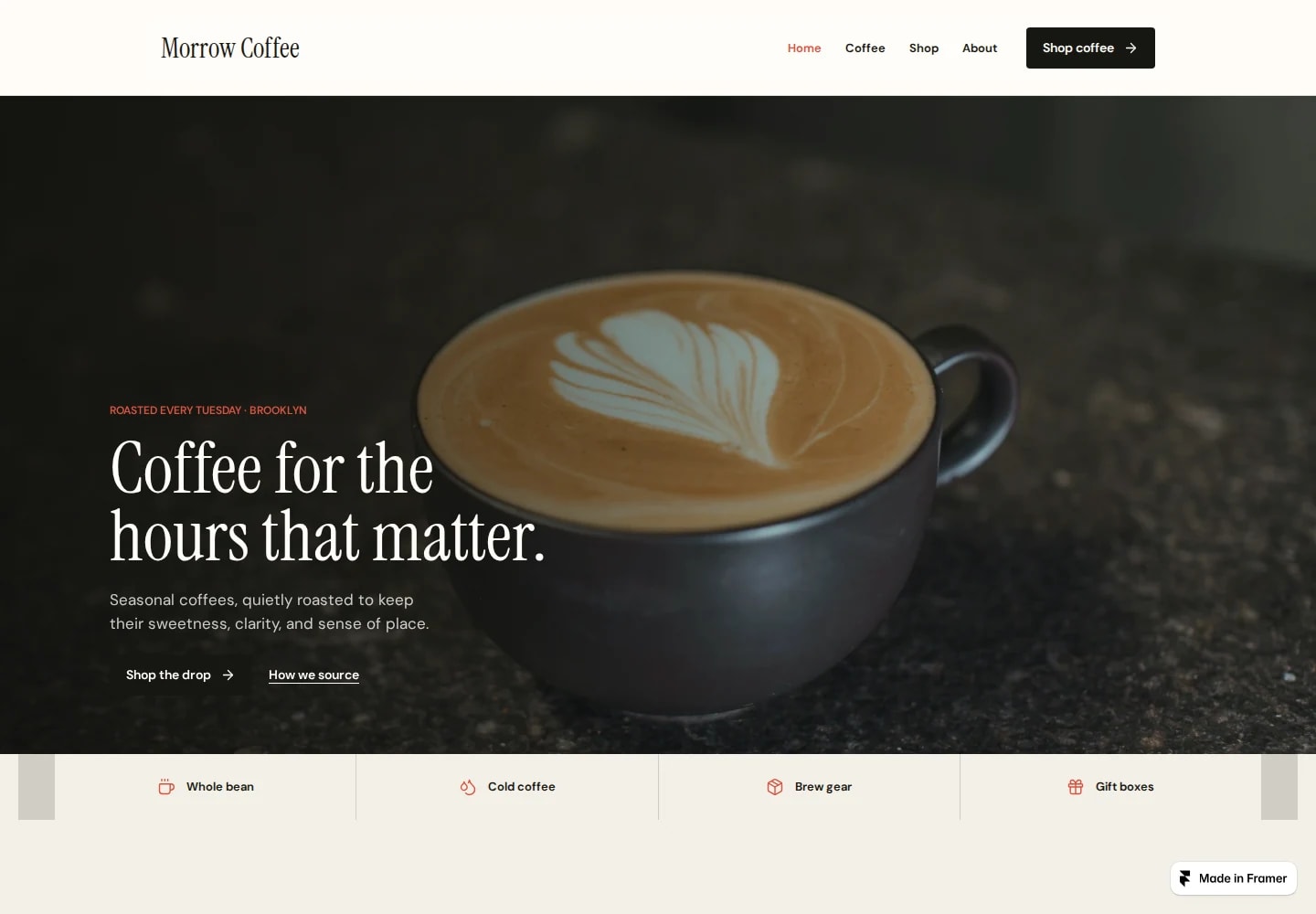 Desktop view: Coffee 07 (Morrow Coffee). A quiet coffee-roaster showcase with cinematic imagery and elegant type.