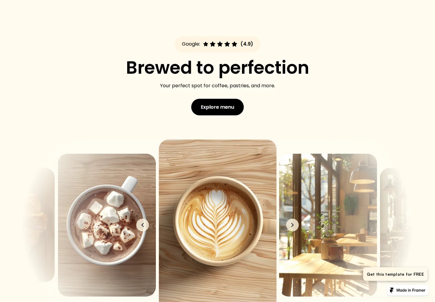 Desktop view: Coffee 09 (Latte). A light café showcase with rounded photography and a focused menu.