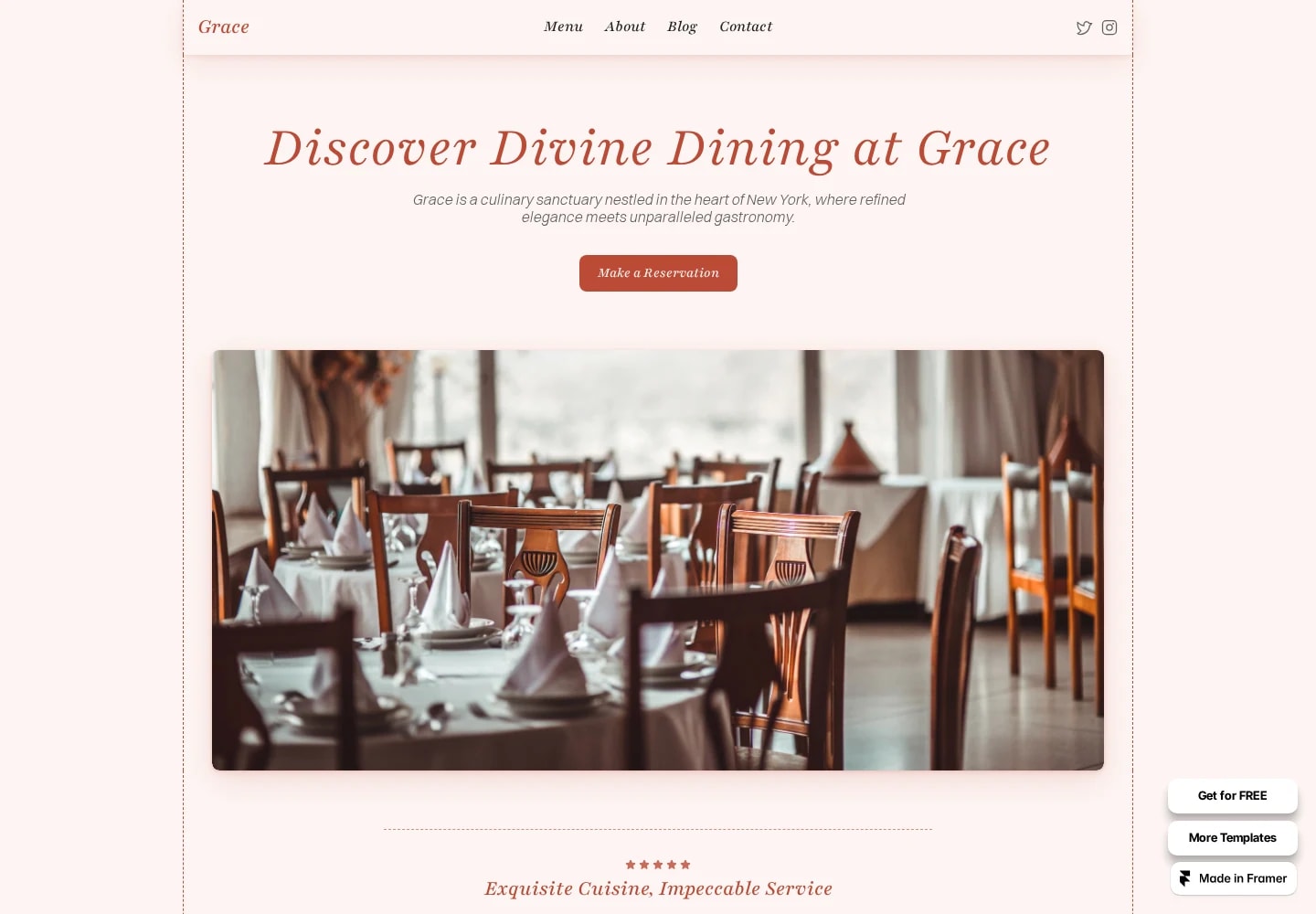 Desktop view: Restaurant 07 (Grace). A delicate restaurant presentation with blush tones and serif type.